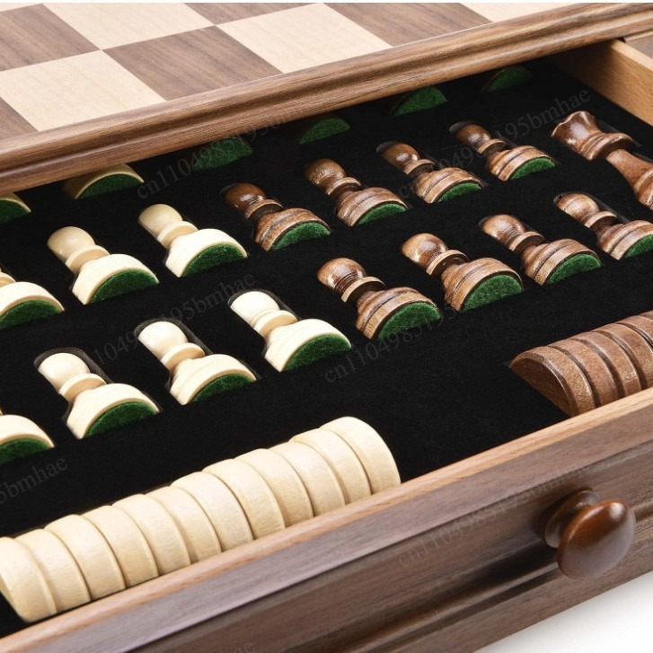 Chess Set Wooden - Schach- und Dame-Spielset aus massivem Walnussholz