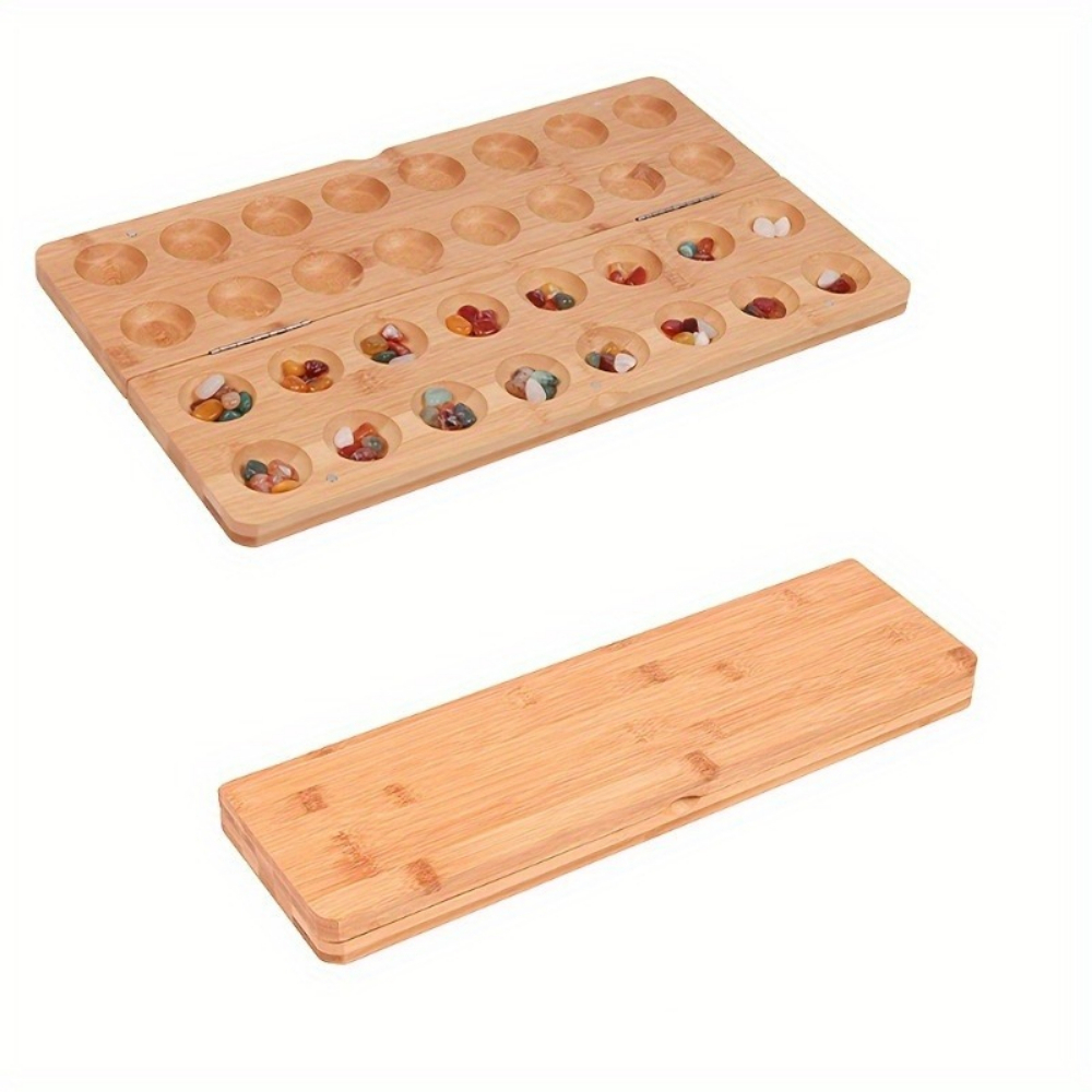 Chess Set Wooden - Tragbares Klappbares Holz-Mancala-Brettspiel-Set mit Mehrfarbigen Glassteinen