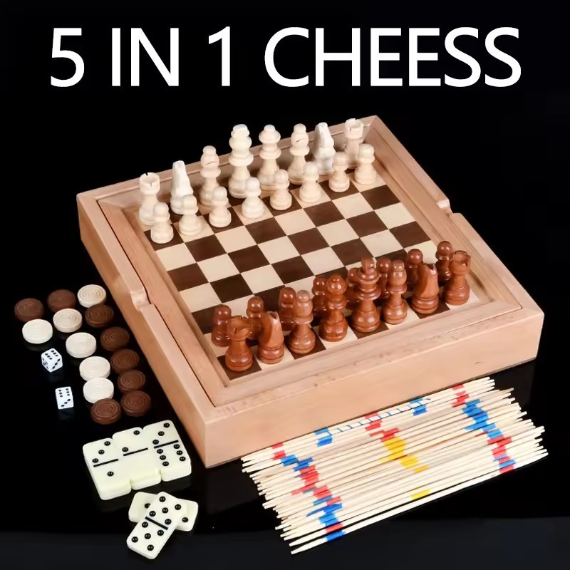 Board Game Yearbook - 5-in-1 Holz-Schachbrett Handgefertigt Anpassbar Tragbares Reise-Spielset